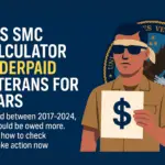 An illustration of a veteran holding a sign with a dollar symbol, highlighting the VA's SMC calculator for veterans rated between 2017-2024 who may have been underpaid.
