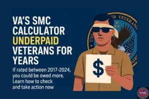 An illustration of a veteran holding a sign with a dollar symbol, highlighting the VA's SMC calculator for veterans rated between 2017-2024 who may have been underpaid.